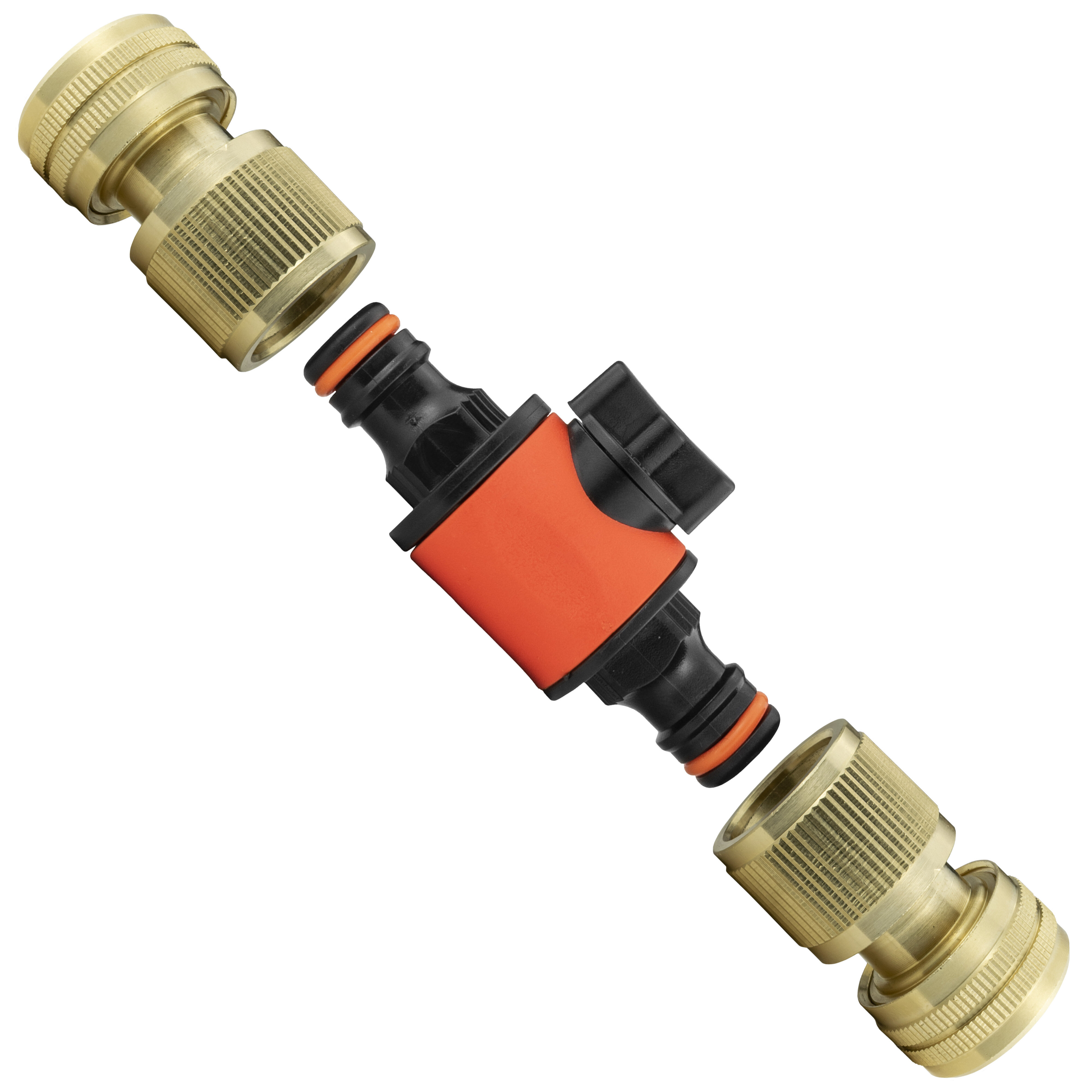Garden hose in-line flow valve with brass connectors for 1/2" pipe